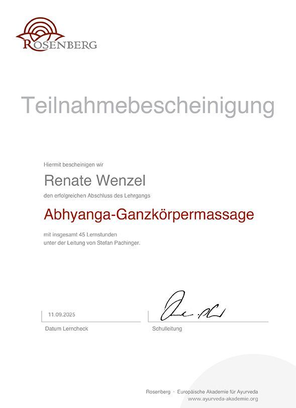 Abhyanga-Ganzkörpermassage Teilnahmebescheinigung