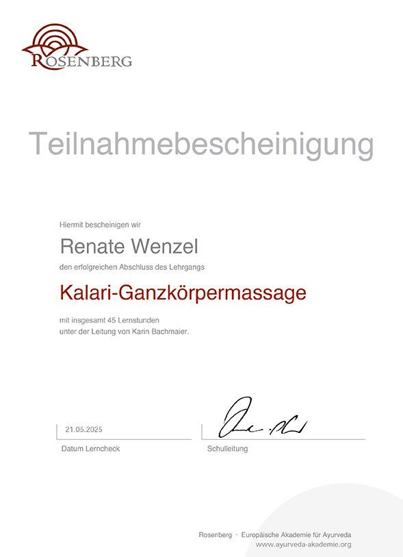 Kalari-Ganzkörpermassage Teilnahmebescheinigung