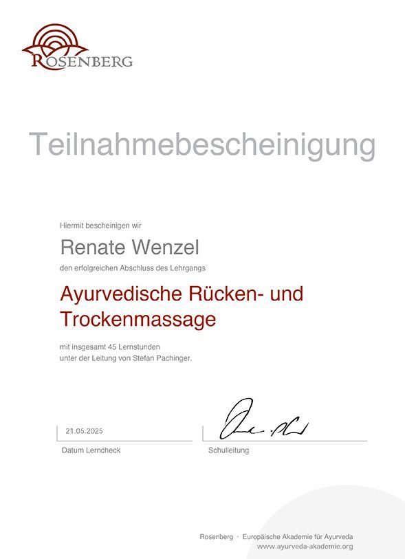 Ayurvedische Rücken- und Trockenmassage Teilnahmebescheinigung