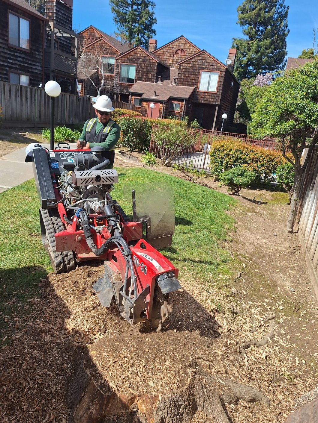 A man is using a machine to remove a tree stump.