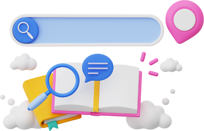 Search bar, location pin, magnifying glass, book, speech bubble, and clouds.