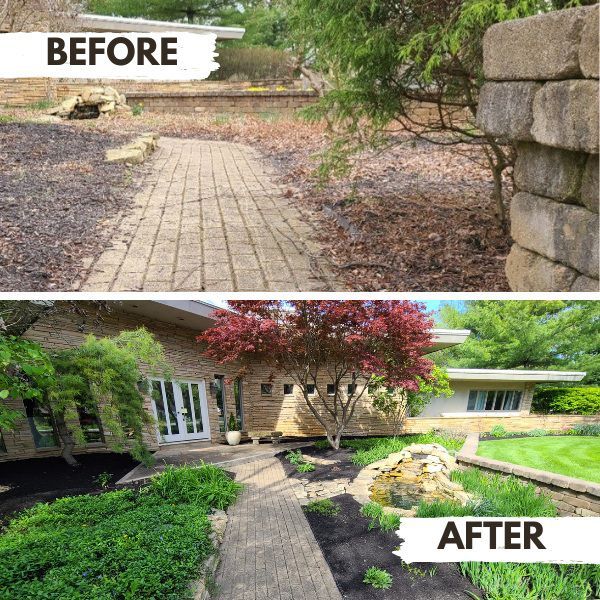 Before and after landscaping: pathway transformation, modern home with new shrubs, mulched beds, and vibrant red tree.