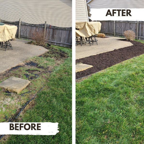 Side-by-side view of a patio before and after landscaping. Dark mulch borders a green lawn and patio.