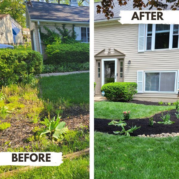 Before and after photos of a house's landscaping. The "after" shows neatly trimmed bushes, fresh mulch, and grass.