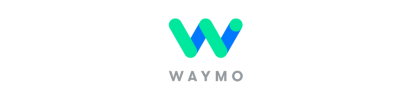 A blue and green logo for waymo on a white background.