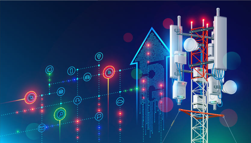 5G illustration with neon icons and a satellite tower cell