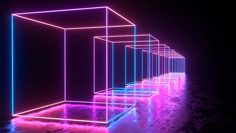 A series of neon cubes in a line