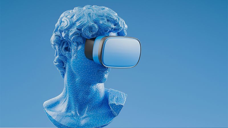 A graphic of a Classical statue head wearing a VR headset