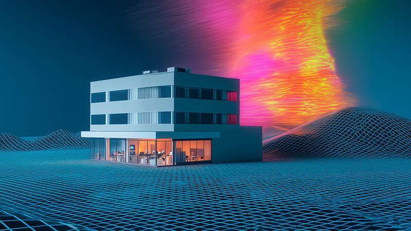 A modern office building on a wireframe floor with lava raining from the sky in the background