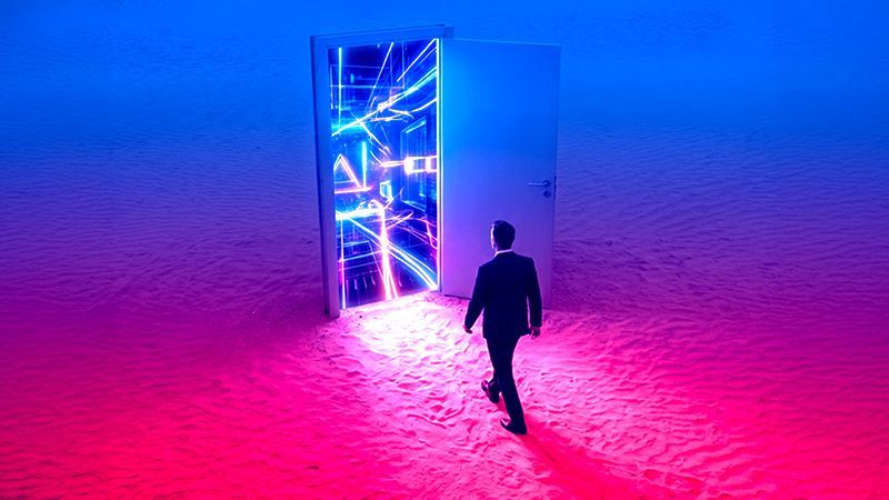 Businessman walks across desert into AI portal