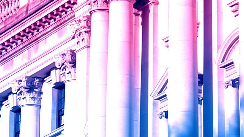 Close up of public buildings with neon overlay