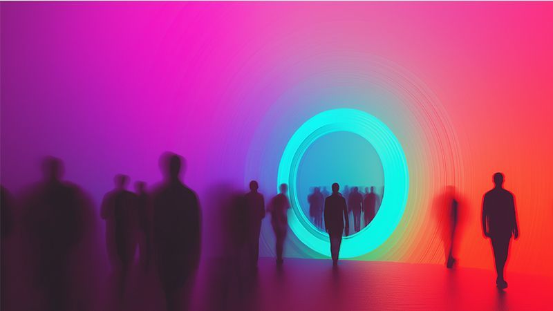 People walking about a space with a bright neon blue portal representing Customer Centricity