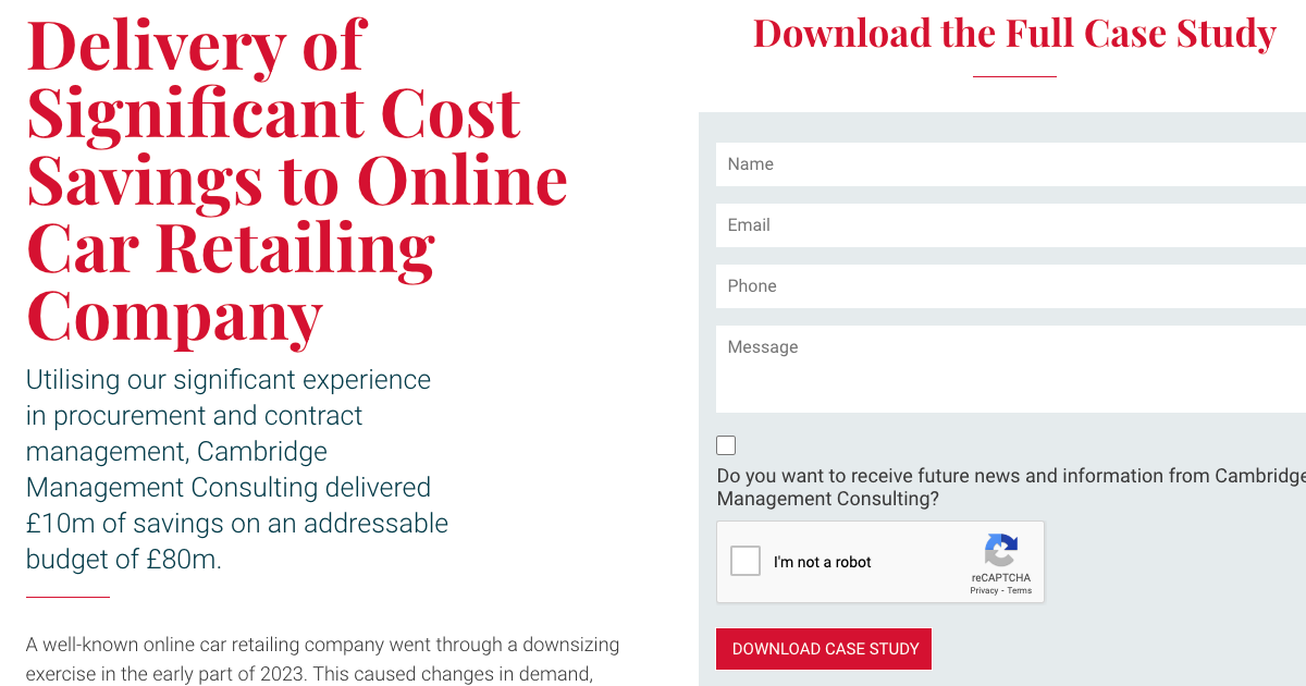 Cambridge Management Consulting > Cost Reduction Case Study