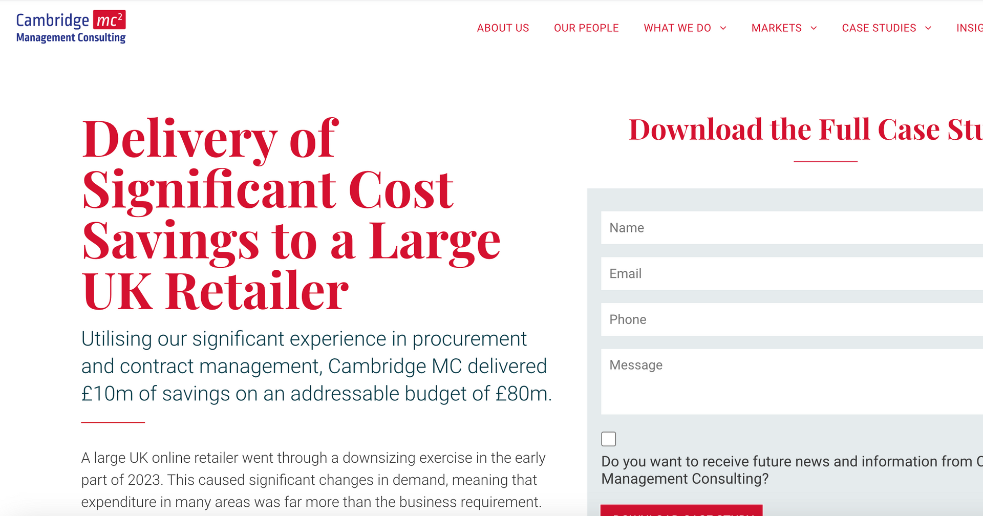 Cambridge Management Consulting > Cost Reduction Case Study