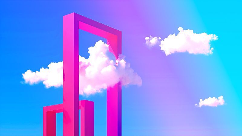 Red abstract architecture with a cloud passing through the square arch