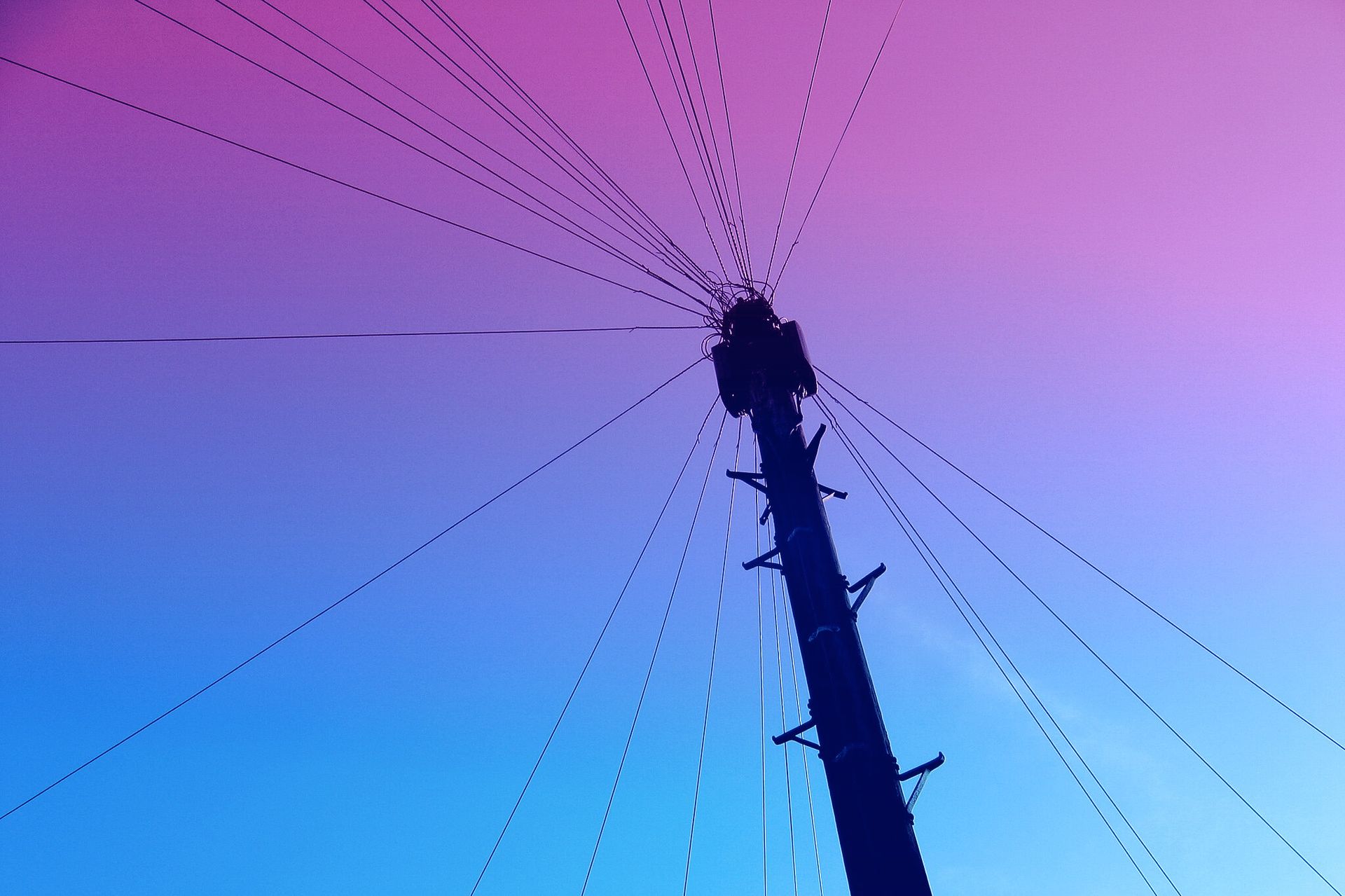 Silhouette of a telephone mast against a neon gradient sky