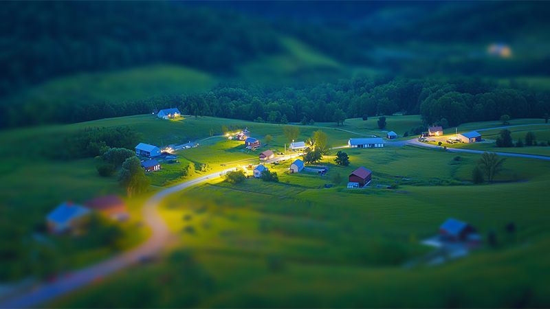 Aerial view of a countryside town at night