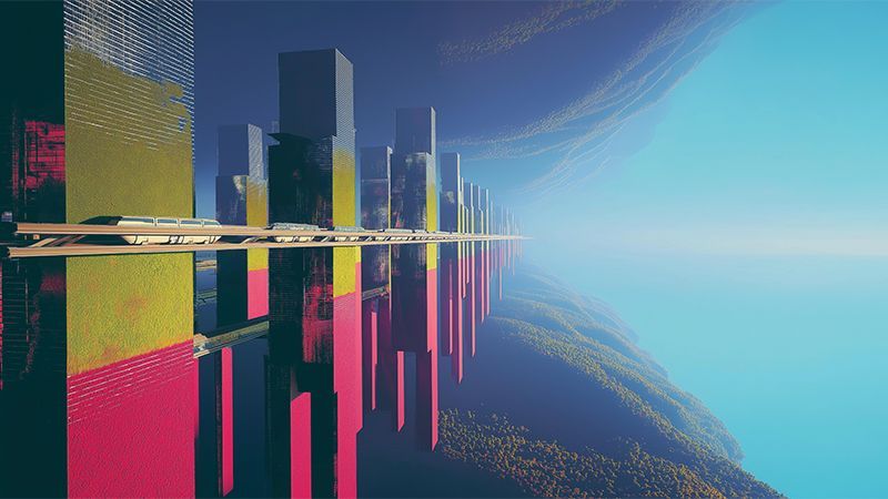 A surreal, futuristic city with tall rectangular towers in green and pink tones, mirrored perfectly.