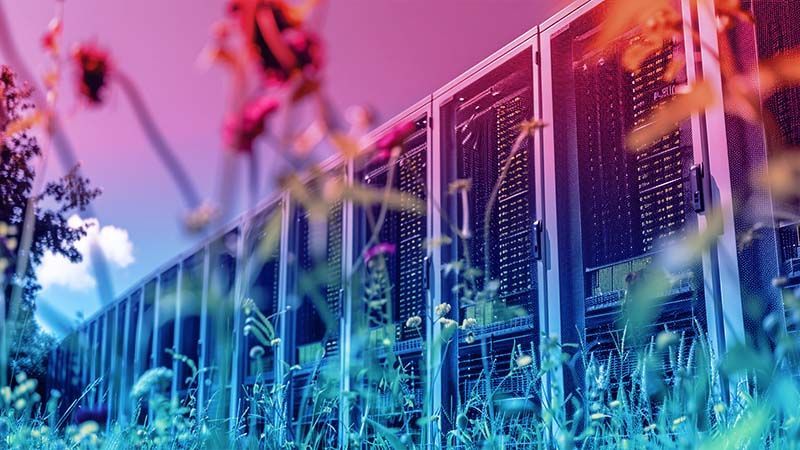 A row of data centre stacks outside in a field of grasses and wildflowers