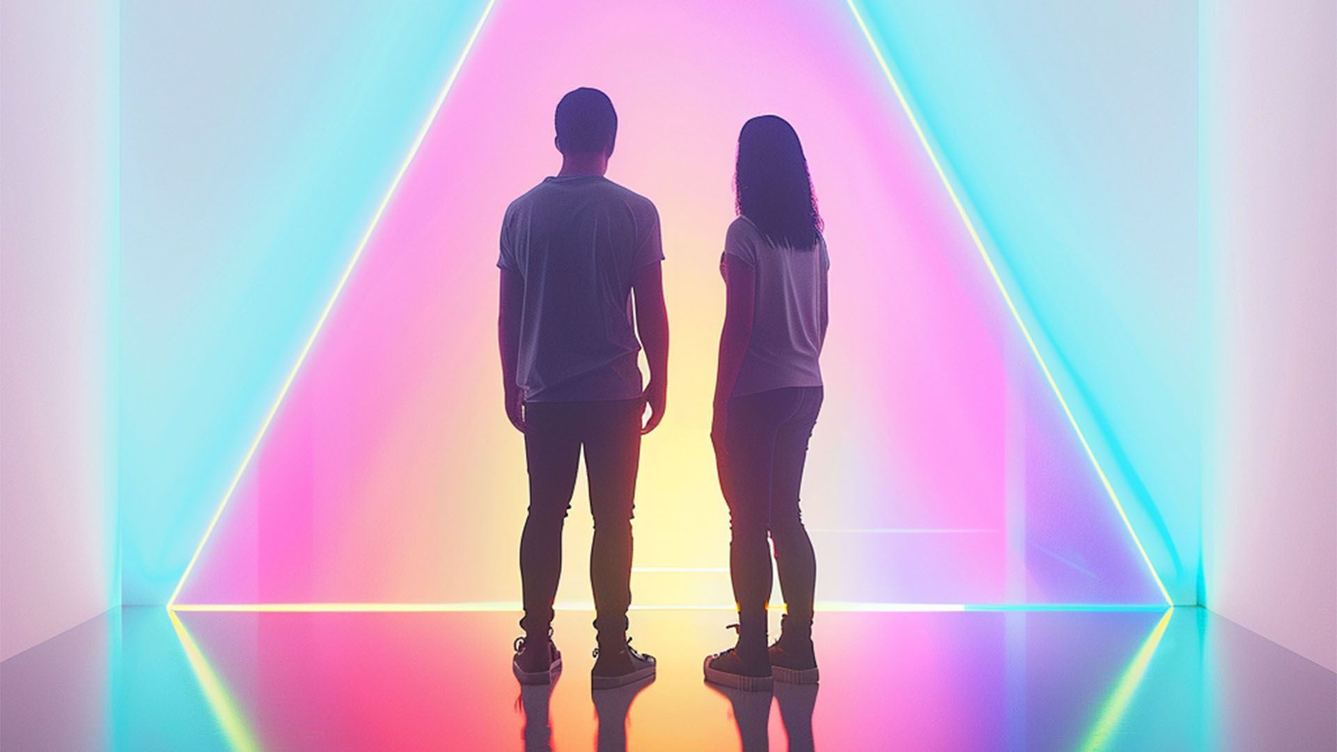 Couple standing in front of a glowing portal of neon pastel gradient colours
