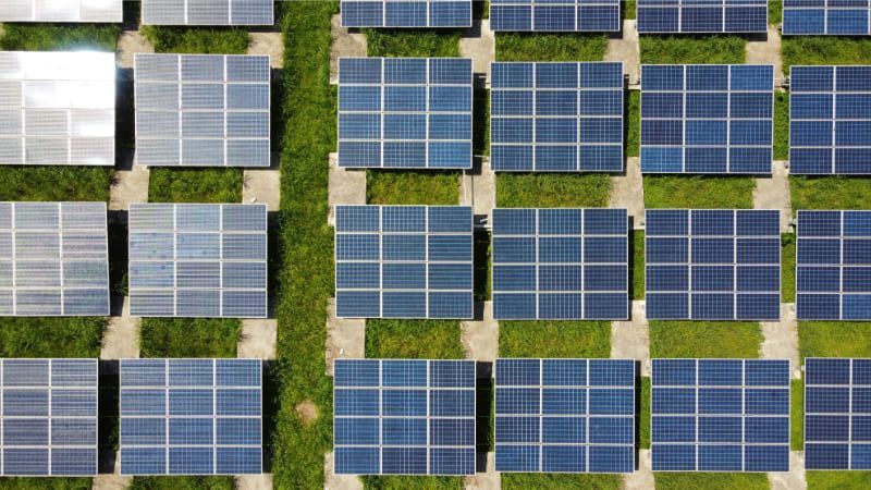 Aerial view of solar panels in a green field.