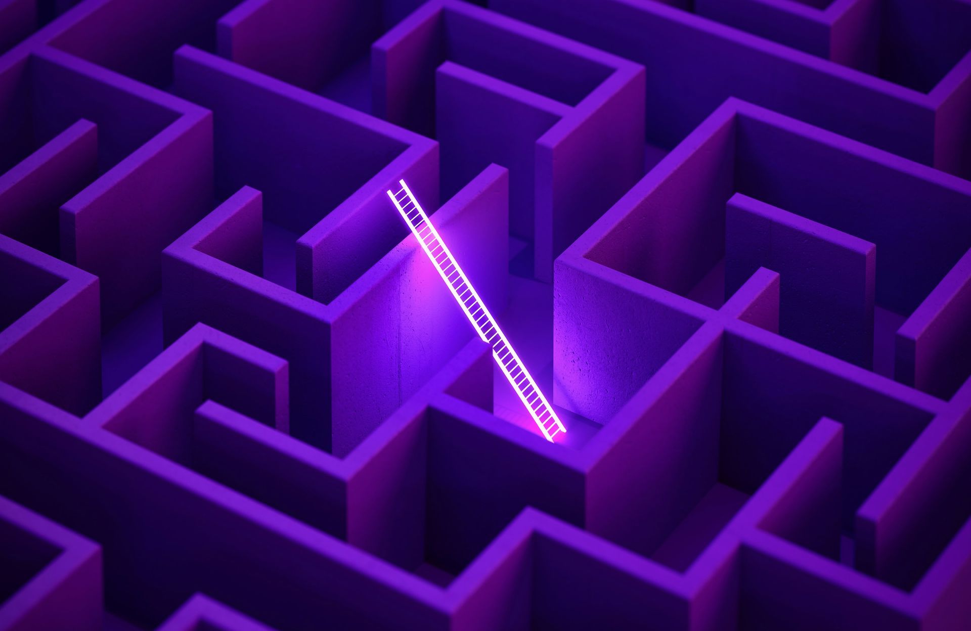 A purple labyrinth seen from above. A neon ladder leans up on the wall, offering a way out.