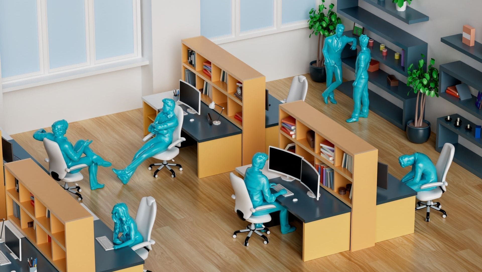 Plastic miniatures sitting at desks and working