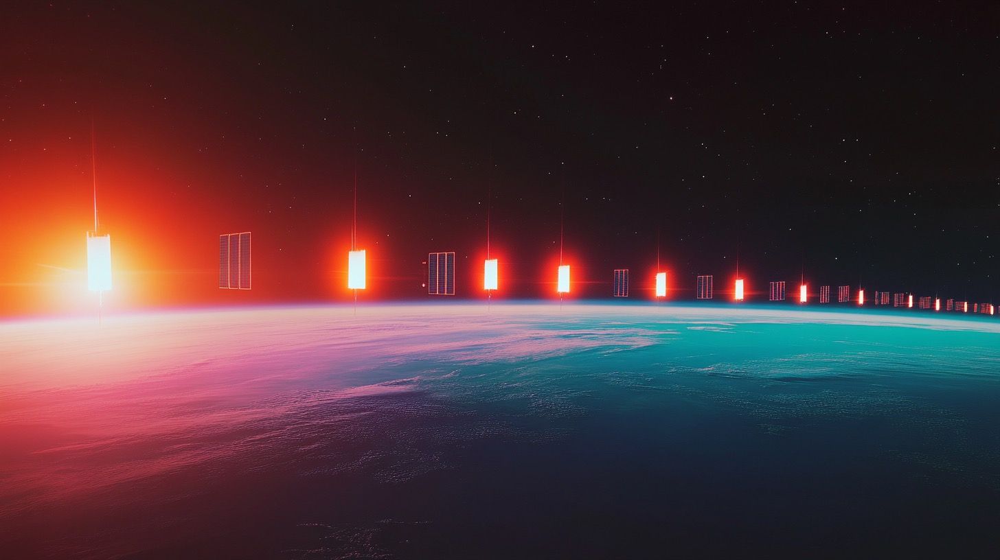 An artistic representation of fin LEO satellites lined up in space 