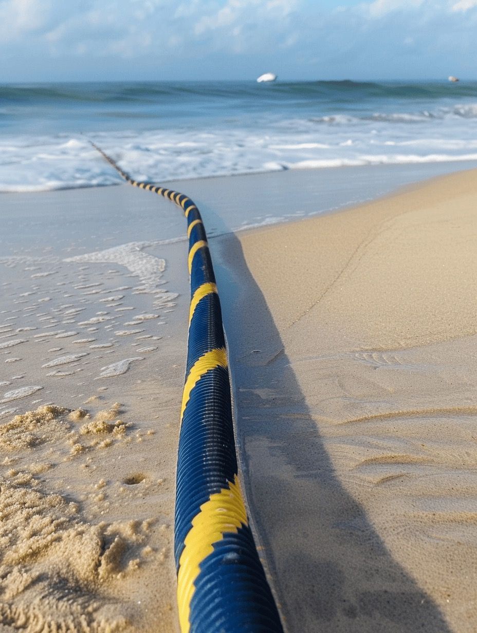Subsea cable disappears into the ocean on a sunny day