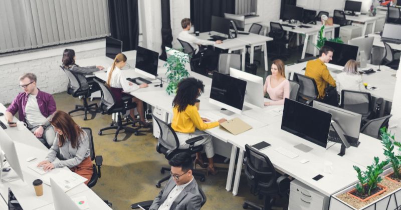 People in an office working at computers.