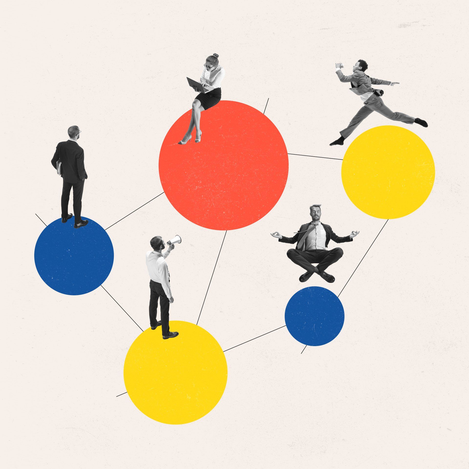 Illustration collage of various colour circles and office works in different poses