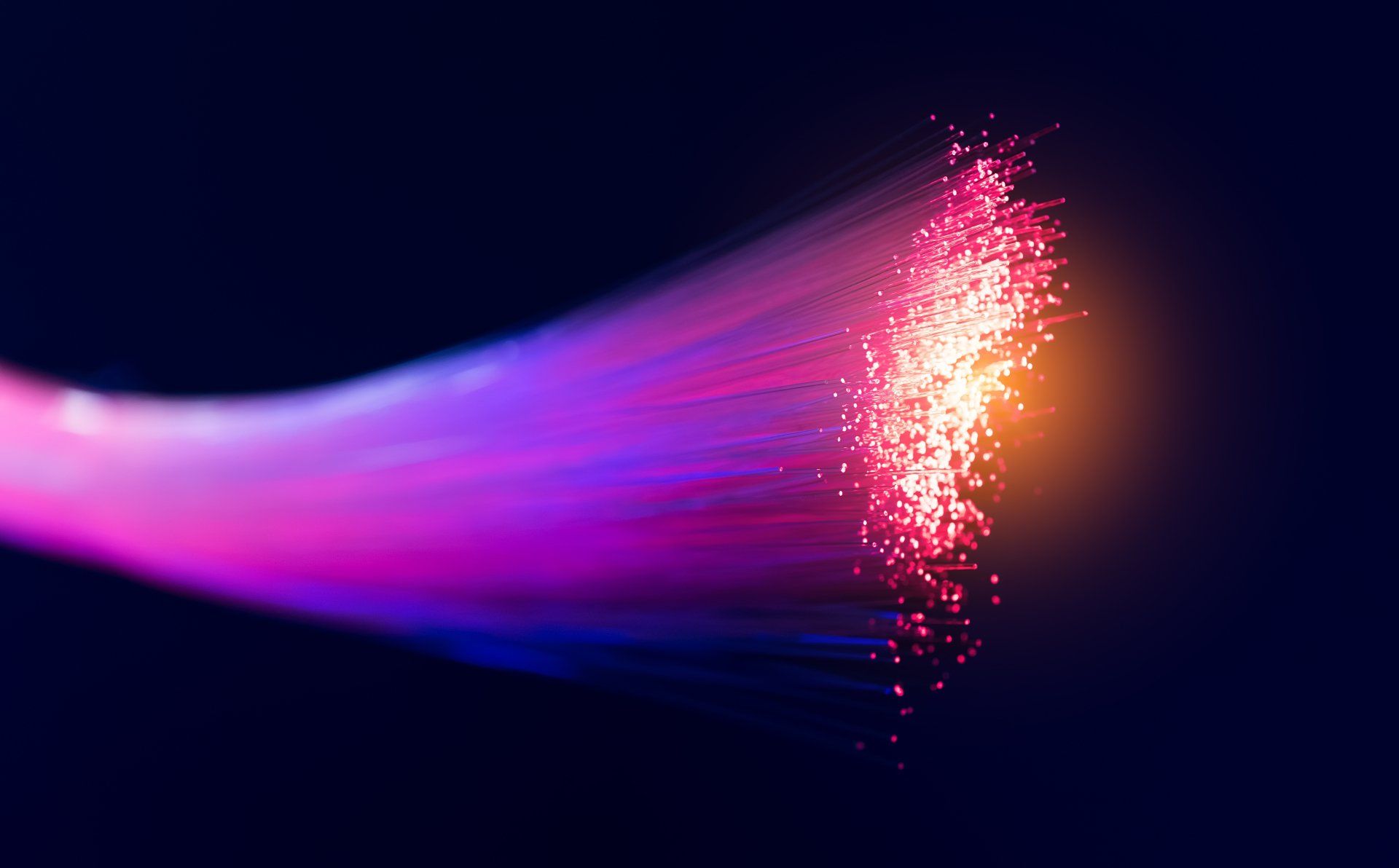 Exposed end of a cluster of optical fibres with neon glow