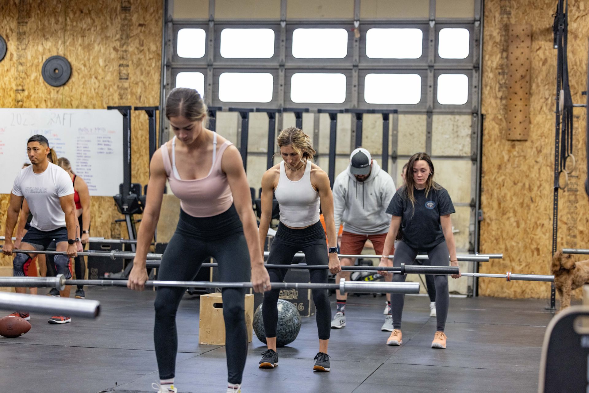A group of people are lifting barbells in a gym.