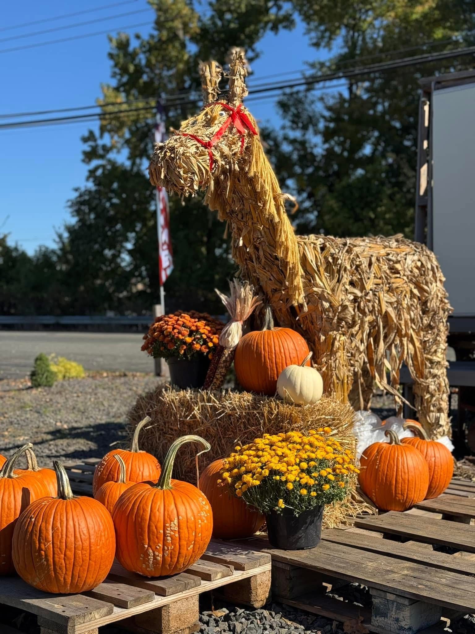 A statue of a giraffe made of hay is surrounded by pumpkins and flowers.