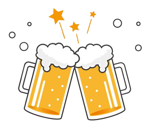 Two beer mugs clinking in celebration, with foam, bubbles, and stars.