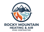 Rocky Mountain Heating & Air logo with mountains, flame, and water swirl in navy, orange, and teal