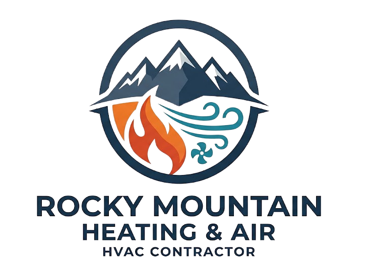 Rocky Mountain Heating & Air logo with mountains, flame, and water swirl in navy, orange, and teal