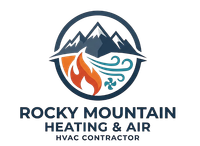 Rocky Mountain Heating & Air logo with mountains, flame, and water swirl in navy, orange, and teal
