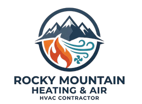 Rocky Mountain Heating & Air logo with mountains, flame, and water swirl in navy, orange, and teal