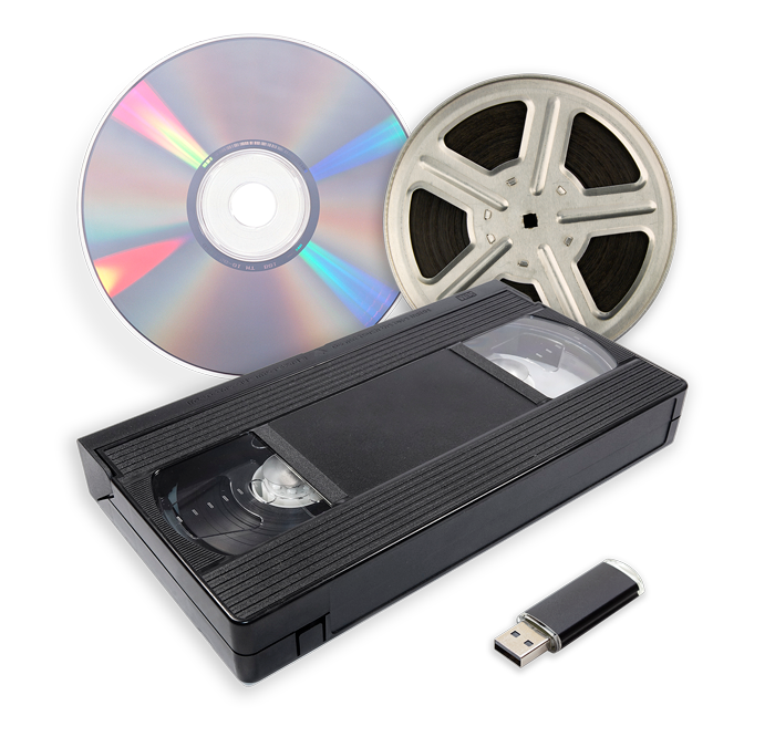Et vhs-bånd en cd og en usb-stick