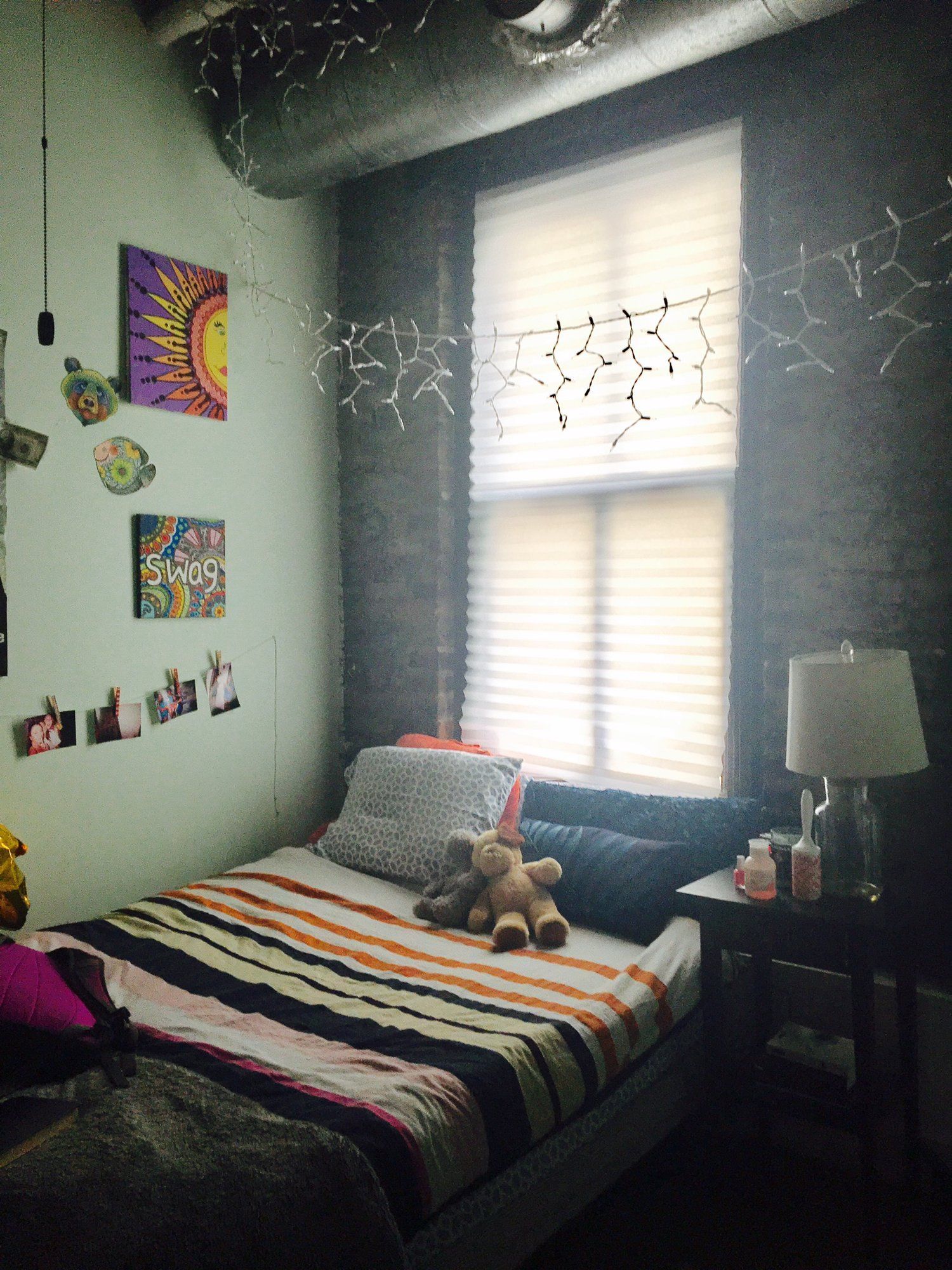 Interior of bedroom with large window