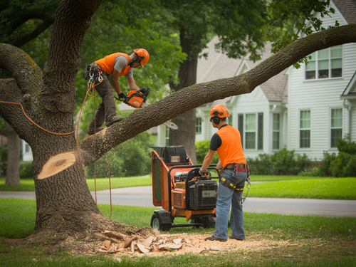 A worker in safety gear cuts a tree limb while positioned in the yellow bucket of an aerial lift.
