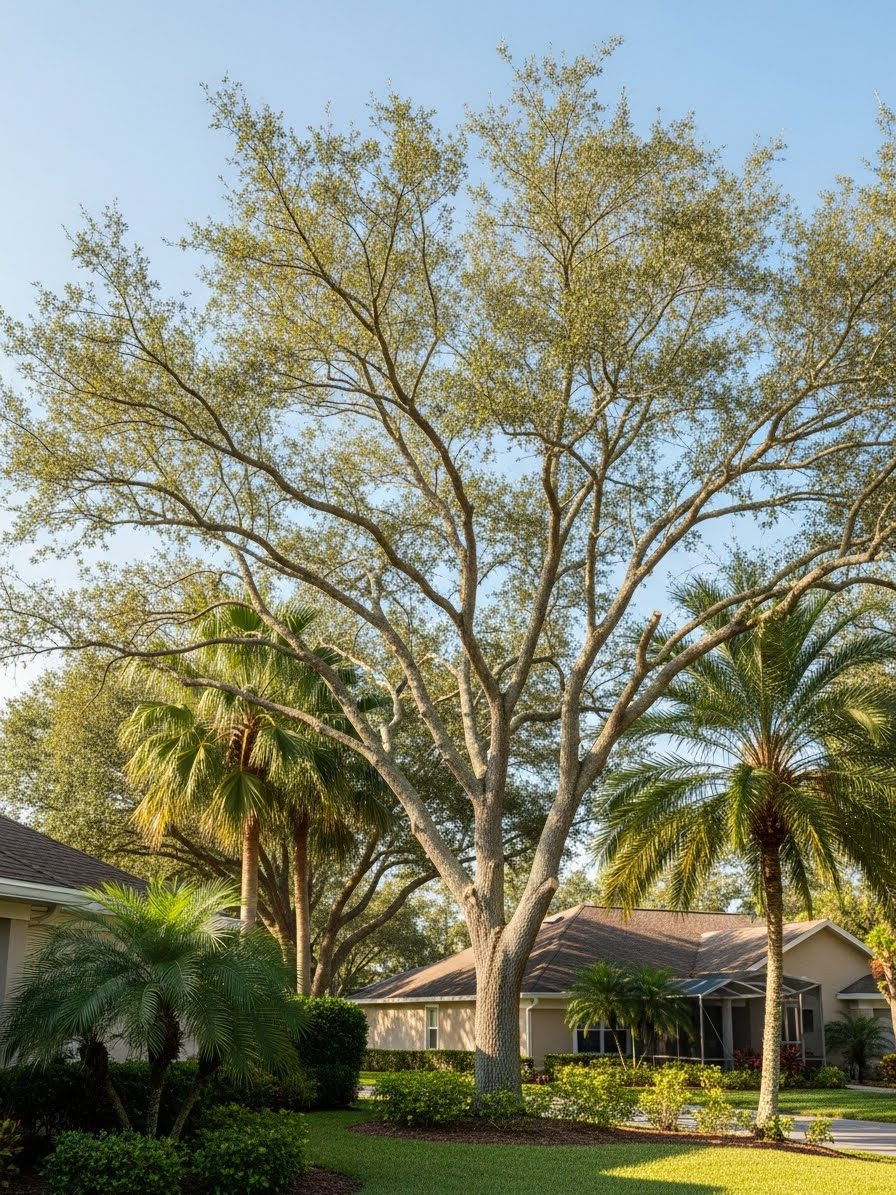 A large, spreading oak tree stands prominently in a residential yard, flanked by two palm trees near a house.