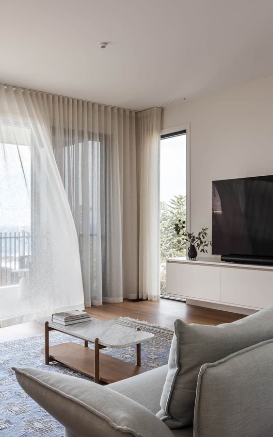 Nice Livingroom  View of the balcony— Caroline Jolly Interiors in Bulli, NSW