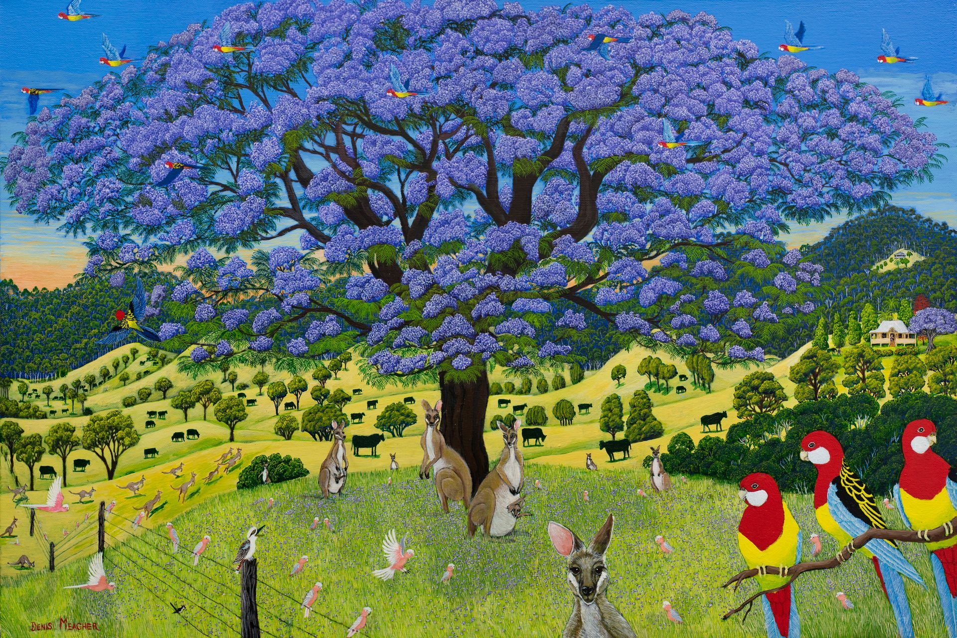 A Painting of Kangaroo , Parrots and Rabbits Under a Tree With Purple Flowers — Psychology Practice In Tweed Heads, NSW