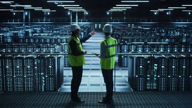 Person with a laptop working in a server room, surrounded by network cables and racks
