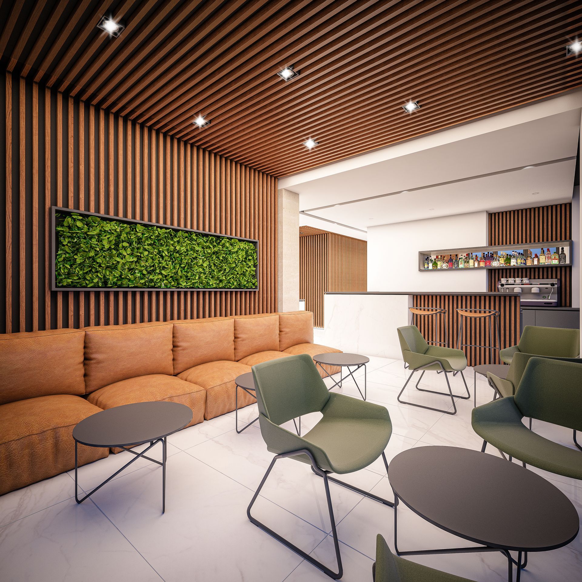 Lounge area with brown sofa, green chairs, and wooden paneling. A bar is in the background.