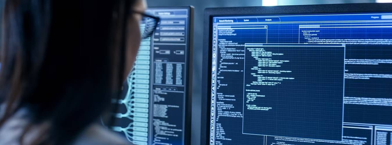 A person in glasses, focused on dual monitors displaying complex code and data in blue tones
