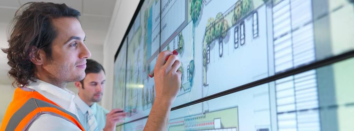 Two men work on a large touchscreen displaying architectural plans
