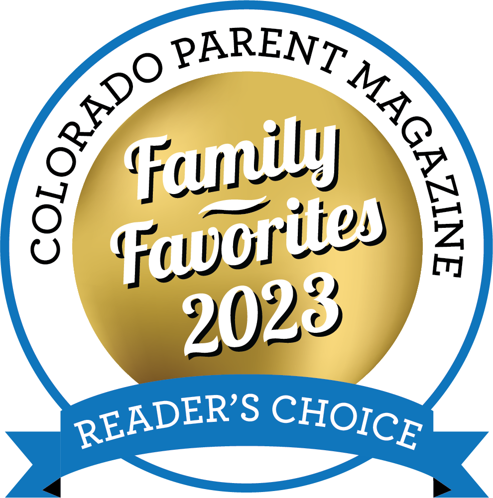 Colorado Parent Magazine Family Favorites 2023 Reader’s Choice award badge on gold and blue ribbon